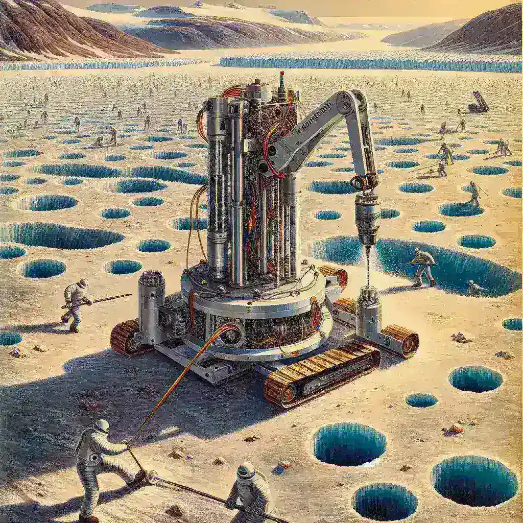 "AI-guided robots excavating ice cores in Greenland to collect climate data for research on climate change impact and historical climate records."