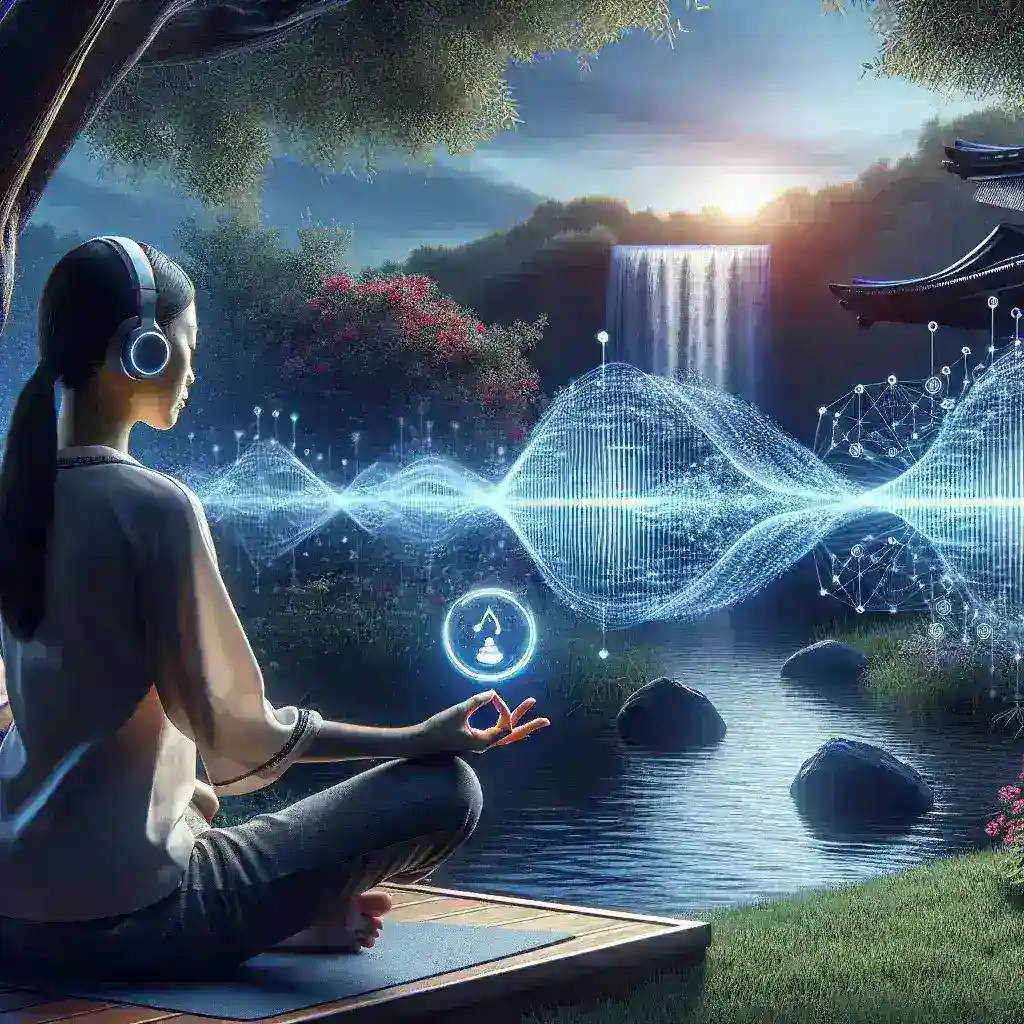 "AI-powered personalized meditation session on Spotify, featuring calming visuals and a user interface showcasing tailored content for U.S. listeners."